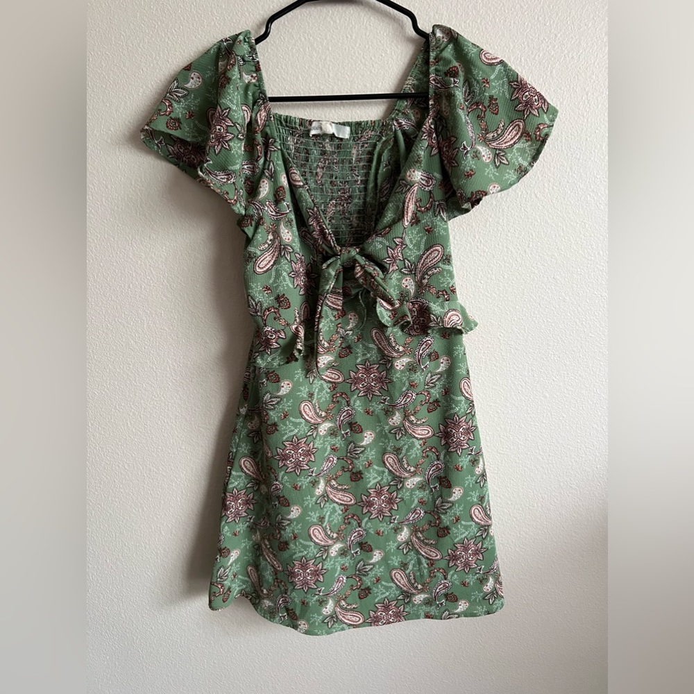 Cloud Sky Green Floral Dress with Tie in Front